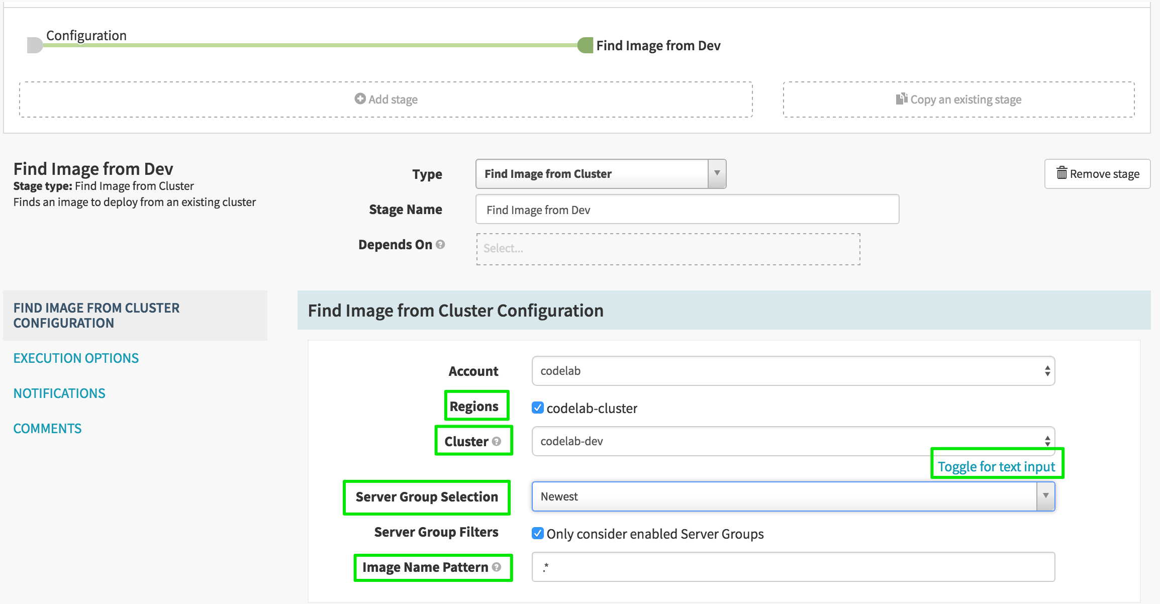Select the “codelab-cluster” region, the "" cluster using “Toggle for list of clusters”, and make sure to select “Newest” as the “Server Group Selection”.