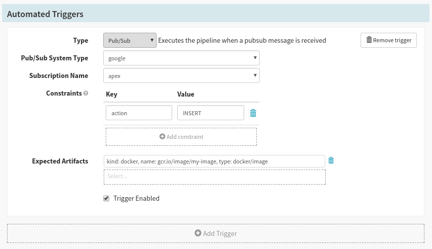A pubsub subscription configured to listen to changes in one GCR registry. Since this registry can contain many repositories, we’ve assigned it an expected artifact to ensure only changes in one repository can run this pipeline.