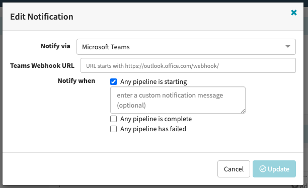In the Edit Notification window, specify Microsoft Teams in the Notify via field and provide your Teams webhook URL. Then, select what events trigger notifications.